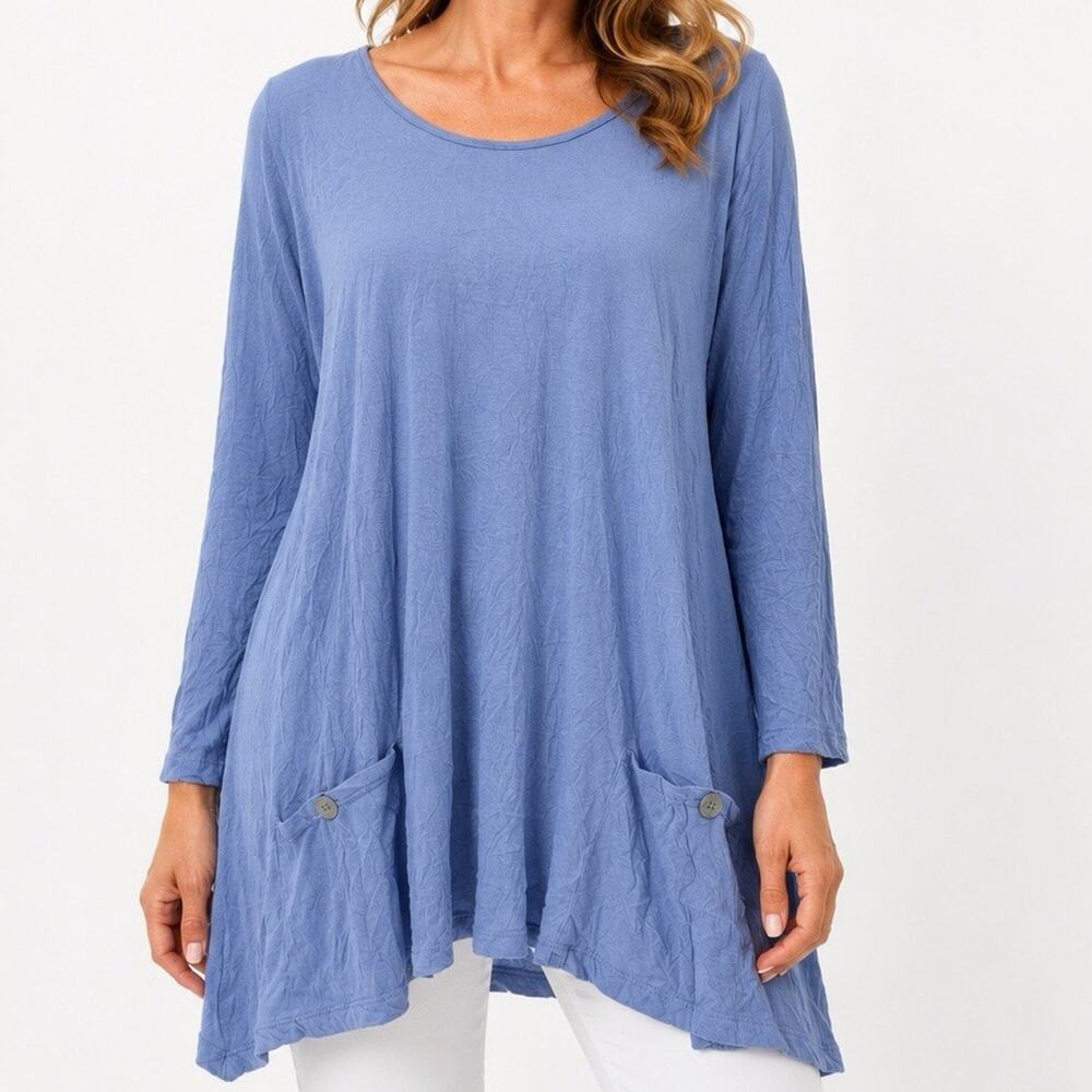 Comfy USA Crinkle Tunic Top Size Medium Sky Blue V Neck Pockets Lagenlook Artsy